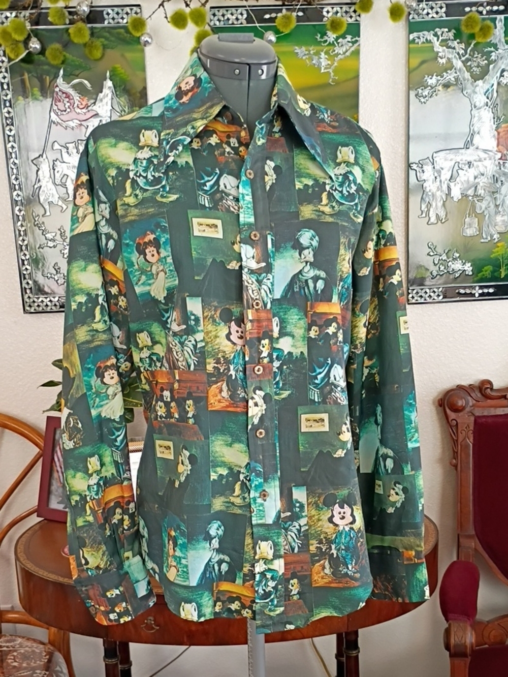 Vintage 1970s Mickey Minnie And Donald Classic Portrait Print Button-down Shirt
